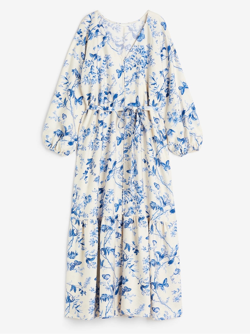 H&M Cream belted Maxi Long sleeve Dress Blue butterfly Floral Print Womens XL